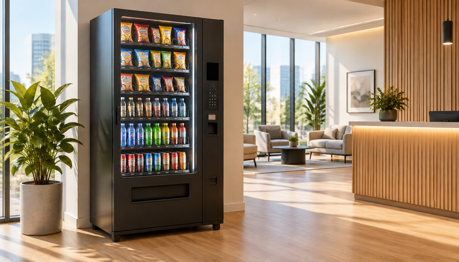 A Nexvia vending machine in a bright modern office reception