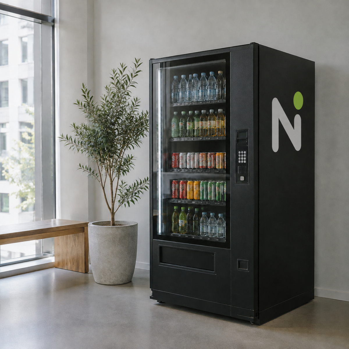 A Nexvia drinks machine with the Nexvia logo on its side